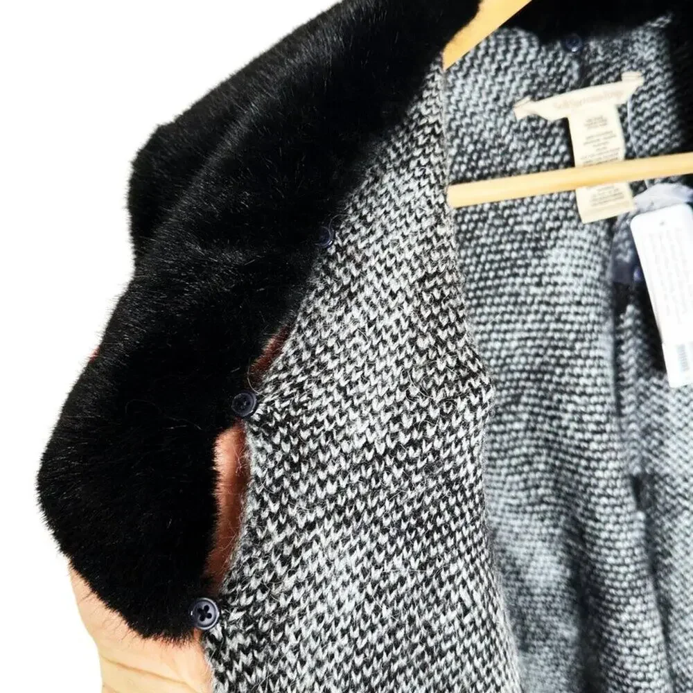 Soft Surroundings Black and Gray Plaid Faux Fur Trim Poncho